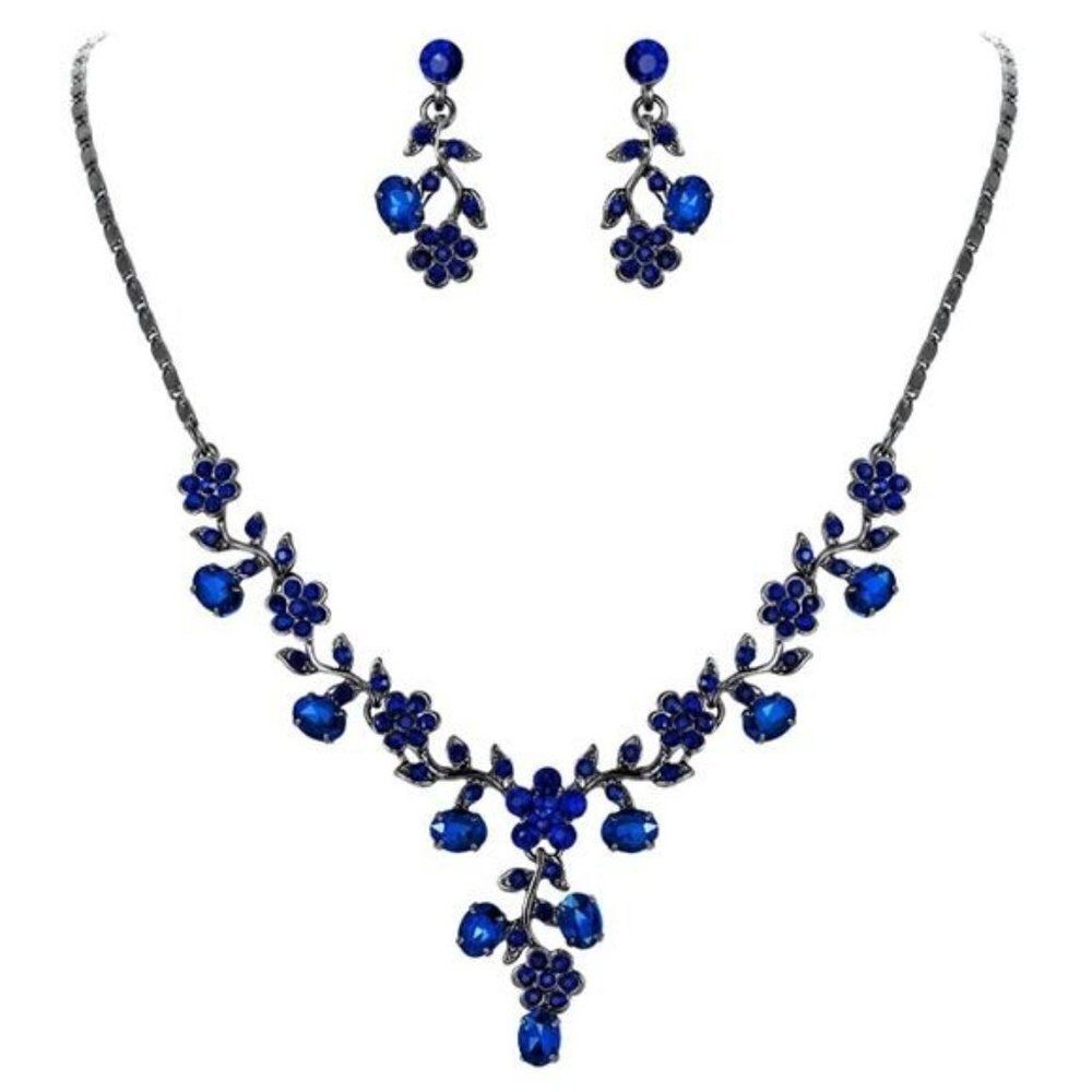 Black and Blue Sapphire Austrian Crystal Flower Leaf Necklace and Earrings Set